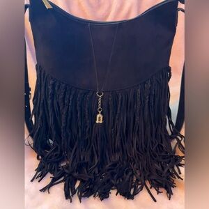 Express Hobo Slouchy Black Braided Fringe Shoulder Bag Boho Style Gold Accents